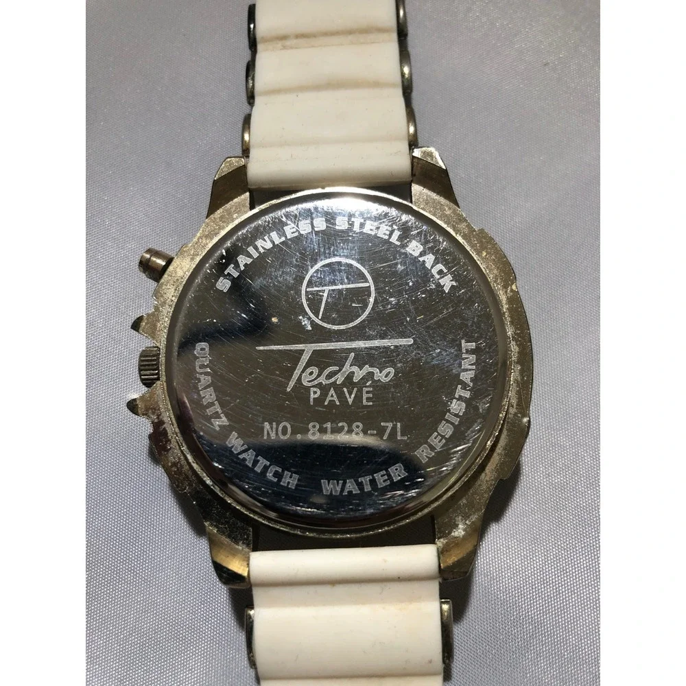 Techno Pave Gold Tone Crystal Bezel White Silicone Strap Watch 8128-7L